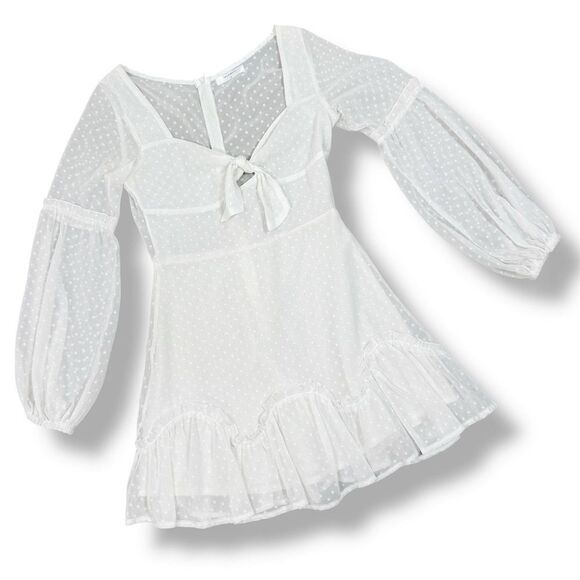 Hello Molly Clip Polka Dot Chiffon Mini Dress White Small Bishop Sleeve - Picture 13 of 13